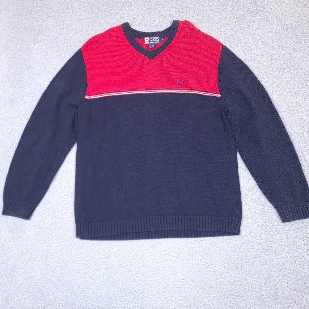Chaps Ralph Lauren Sweater Mens‎ Large Blue Red Long Sleeve Logo Cotton V Neck